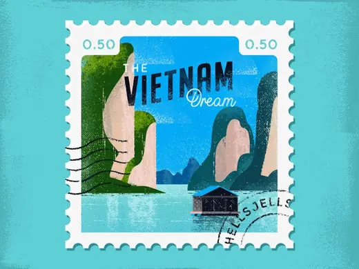 Vietnam Dream illustrated stamp — Ha Long Bay karst islands and a floating house