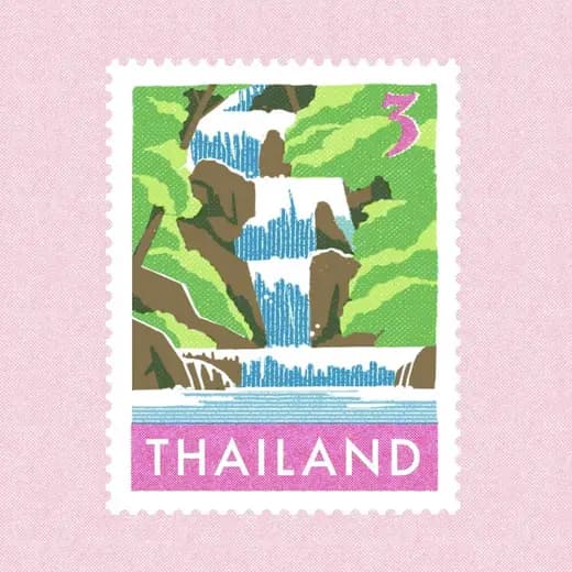 Thailand illustrated stamp — a waterfall cascading through tropical forest