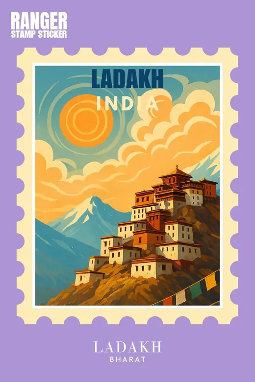 Illustrated Ladakh stamp — a hill monastery beneath a clouded sun