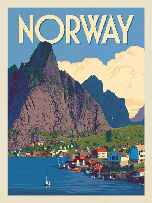 Norway travel bill — a fishing village beneath a fjord peak