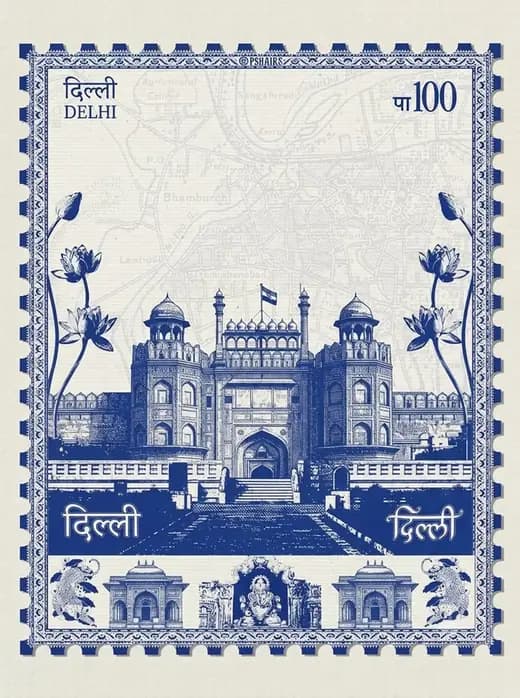 Illustrated Delhi one-hundred-rupee stamp — the Red Fort, engraved in blue