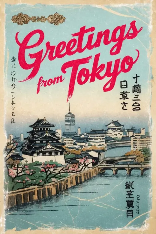 Greetings from Tokyo — illustrated picture postcard of the castle and river